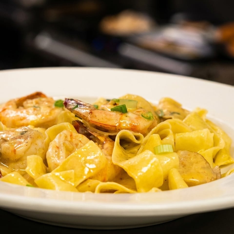 Close-up of shrimp and pasta in a creamy sauce, garnished with green onions, in a white bowl.