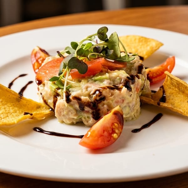 A white plate with a tuna and avocado tartare, garnished with tomatoes, microgreens, and tortilla chips.