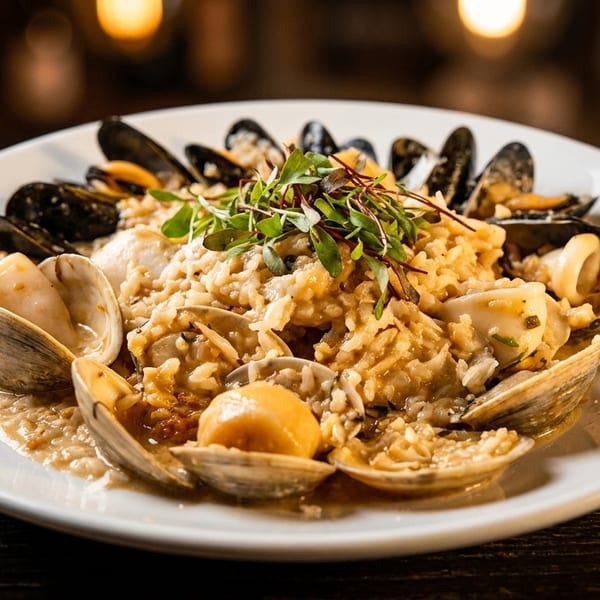 Seafood risotto with mussels, clams, scallops, and squid, garnished with microgreens on a white plate.